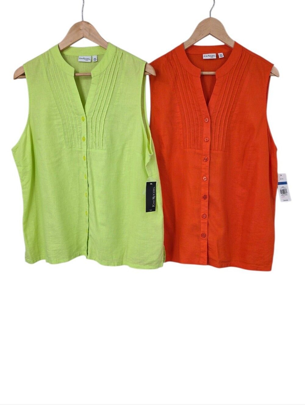 Kim Rogers Linen Blend Sleeveless Pintuck Button Front Tank Top Lime & Orange